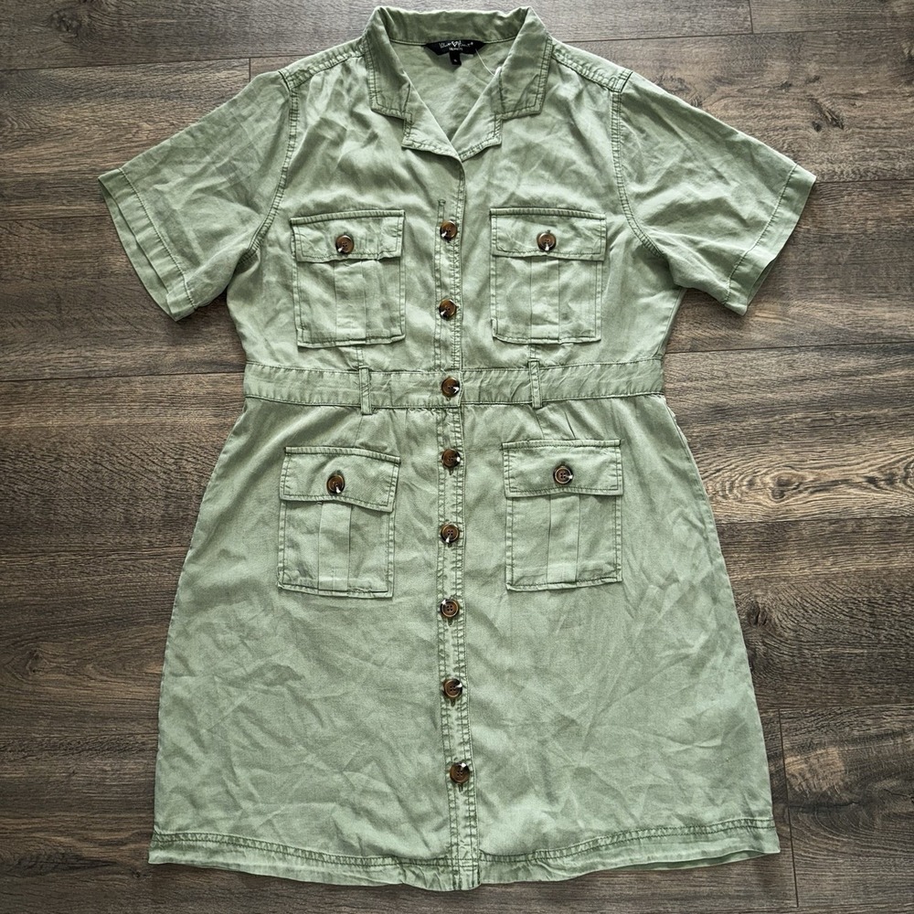 Velvet Heart Women L Shirt Dress Button Down Green Short Sleeve Utility Denim